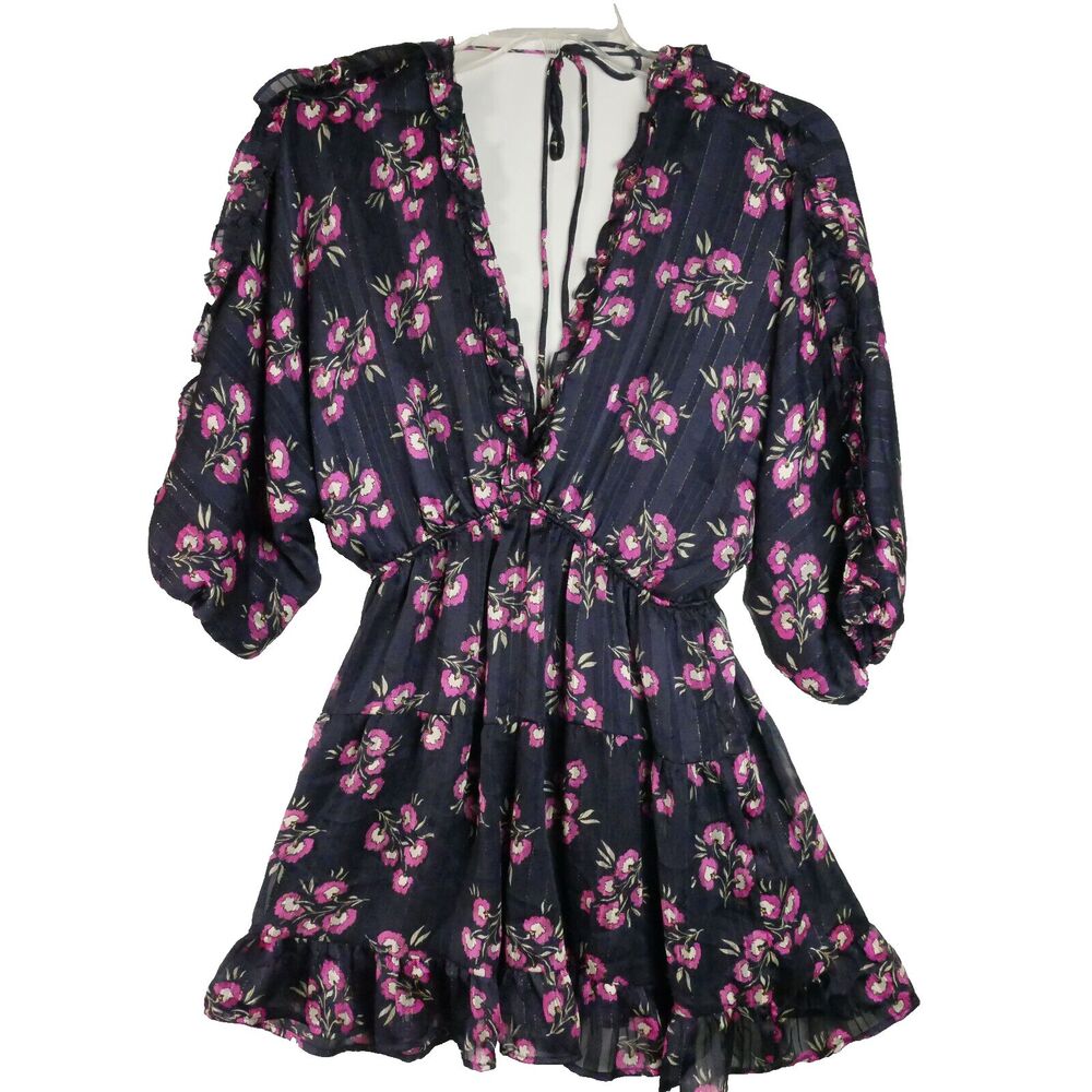 Vici Womens Size L Purple Floral Boho Summer Cocktail Mini Dress 3/4 Sleeve